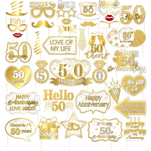 YTGUVBK 36Pcs 50th Wedding Anniversary Photo Booth Props, White Gold Decorations, Happy 50th Anniversary Props for Men Women, Cheers to 50 Years Sign