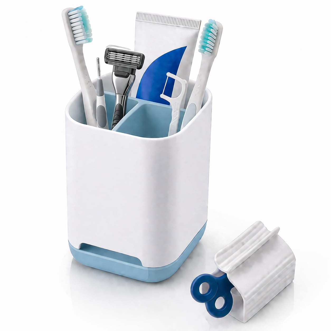 Gill Global Toothbrush Holder with Toothpaste Squeezer, 3 Slot Bathroom Organiser, Toothbrush Stand with Drainage, Bathroom Storage Cup, Razor & Makeup Organiser, Compact Bathroom Accessories, Blue