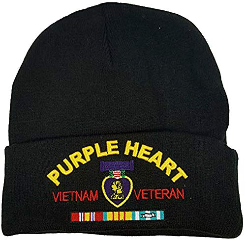 U.S. Military U.S. ARMY NAVY MARINE 3D Emblem Long Beanie Black,Navy,Red Army Gear Knit Hat Cap (PURPLE HEART VIETNAM VETERAN)