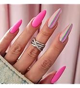 24 Pcs Press on Nails Medium Fake Nails,Pink Almond Glue on Nails with Colorful Design Acrylic Na...
