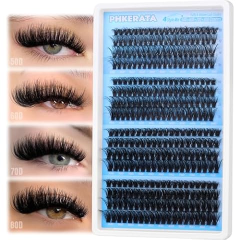 PHKERATA Fluffy Lash Clusters Volume Eyelash Clusters 50D+60D+70D+80D Lashes Clusters 320pcs 4 Style Mix Wispy Cluster Eyelash Extension Thick DIY Individual Lashes D Curl False Eyelashes, 10-16mm Cover