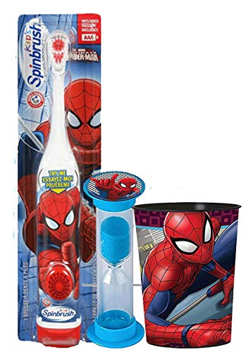 Marvel Avengers 3pc Bright Smile Oral Hygiene Bundle. Turbo Powered Toothbrush, Brushing Timer & Mouthwash Rinse Cup. Plus Dental Gift Bag & Tooth Saver Necklace (3 Piece, Spiderman)