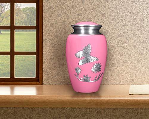 Image of ALPHA Living HOME Cremation Urns for Human Ashes Adult, Handcrafted Aluminum Memorial Urn, Butterfly Engraving, Velvet Carry Bag, Secure Screw Lid Funeral Burial Urn for Adult Male Female, Pink Silver