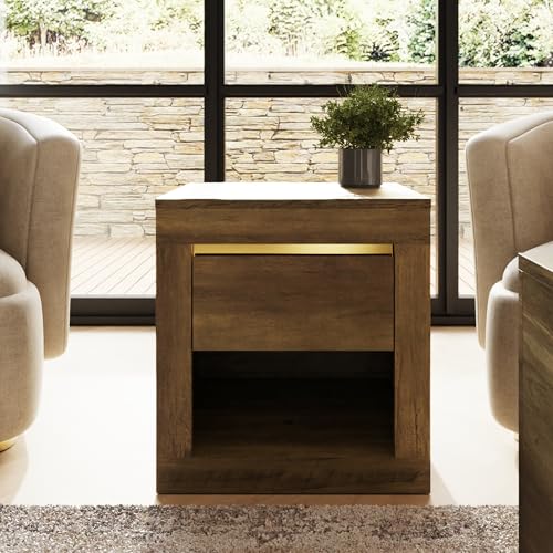 Image of GFW Astley Lamp Table, Knotty Oak Effect Side Table with Drawer and Open Shelf, Gold Accent End Table for Living Room and Bedroom Furniture