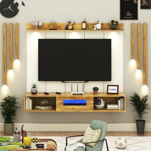 Image of Anikaa NovusPro Engineered Wood Wall Mount TV Unit with PVC Back Panel, Acrylic Blue LED Storage Box, Side Wooden Accent Spot Light Panels I Deal for Up to 50 Inch TV (Giantwood - DIY Installation)