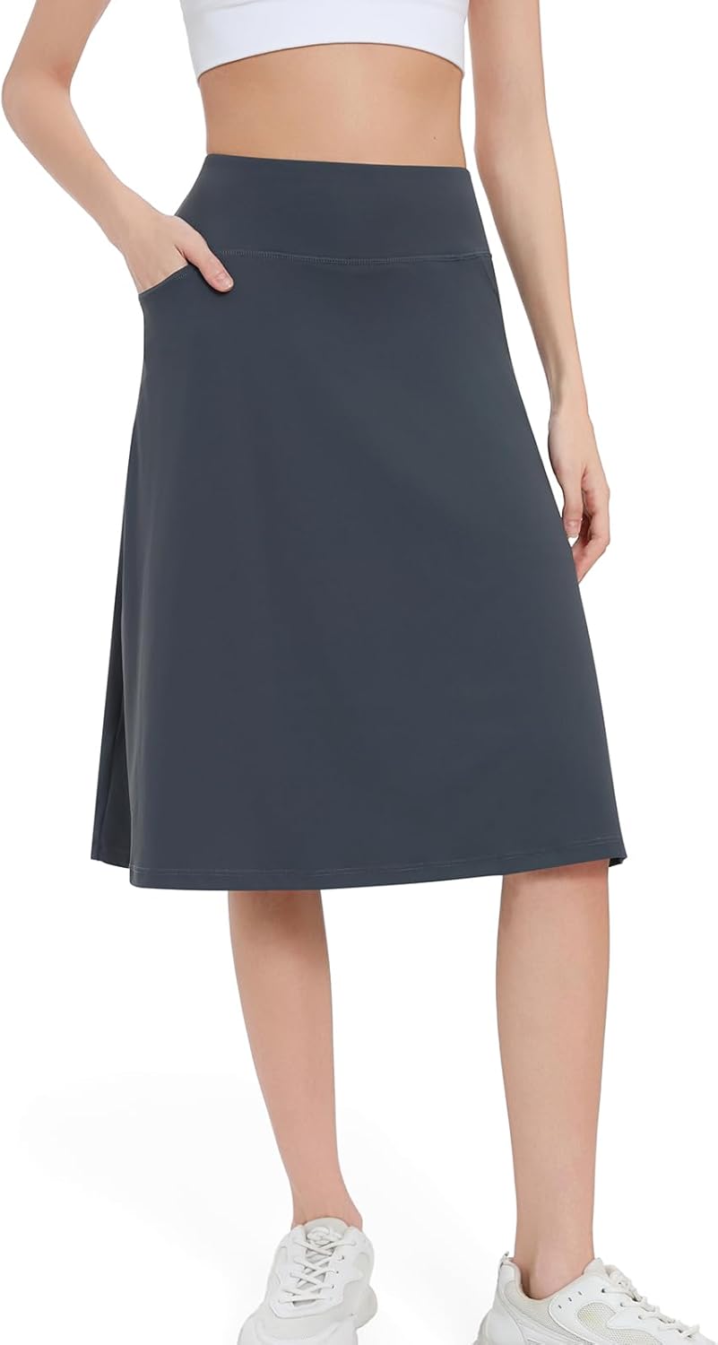 Women's Midi Knee Length Skirts with Arc-Shaped Pockets,26" Knee Long Skorts for Women Athletic Swim Skirts