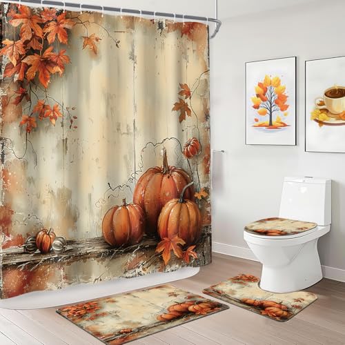 MEHOFOND Fall Pumpkin Shower Curtain Sets with Rugs Vintage Autumn Thanksgiving Bathroom Curtains Set with Non-Slip Rugs Toilet Lid Cover Bath Mat and 12 Hooks Rustic Pumpkin Bathroom Decor Set