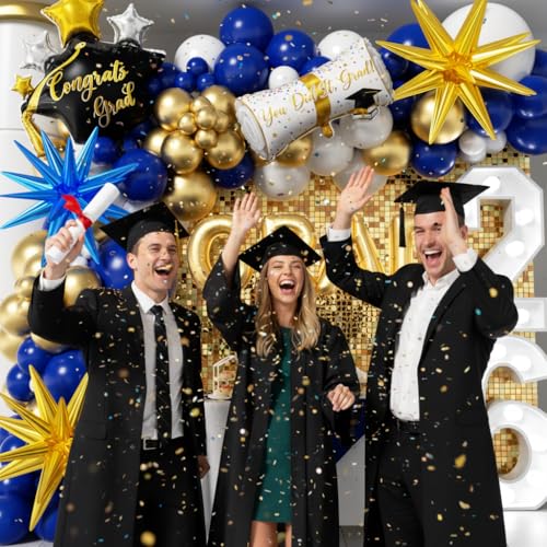 Image of Royal Blue and Gold Graduation Balloons Garland Arch Kit 153Pcs, Graduation Decorations 2026 with Grad Cap, Certificate & Star Foil Balloons for Class of 2026 College High School Prom Supplies
