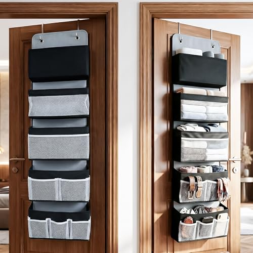 Image of CLAPONE Over the Door Organizer /Large Pockets - Anti-Tilt Hanging Storage for Bedroom /Closet Door Storage /Bathroom /Pantry /Nursery /Bedroom (Black, 5 Shelf Hanging Door)