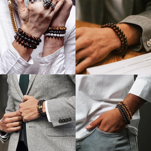 Mens Bead Bracelet Adjustable Elastic Rope With 6&8MM Natural Stone Tiger Eye Bracelets for Men Gift3