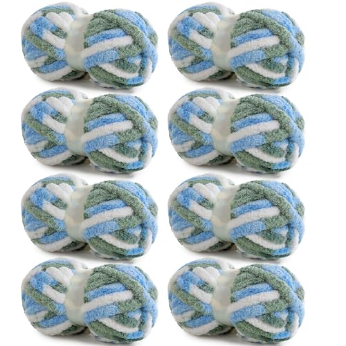 HOMBYS 8 Pack Giant Chunky Yarn for Crocheting,Super Bulky Large Soft Fluffy Yarn,Tie Dye Plush Fuzzy Yarn,Mixed Color Thick Chenille Yarn for Hand Knitting/Arm Knitting (Sky Blue,Green,White)