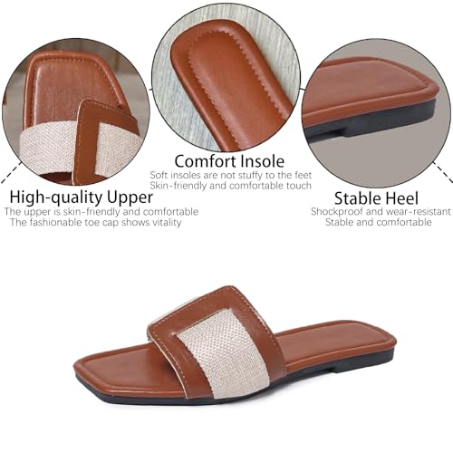 BLYVORA Women's Canvas One Word Flat Slides Sandals Fashion Non-Slip Square Toe Slip On Leather Walking Slippers Outdoor Indoor Summer Beach Home Mules3