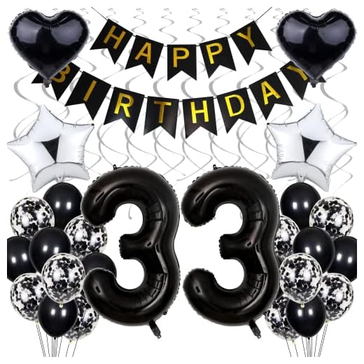 Globo Decoración de 33 cumpleaños, Cumpleaños negro 33 años Hombres, Decoración de fiesta en blanco y negro, 33 Cumpleaños Mujeres Hombres, Decoración de cumpleaños plateada 33 años Mujeres, 33. decor