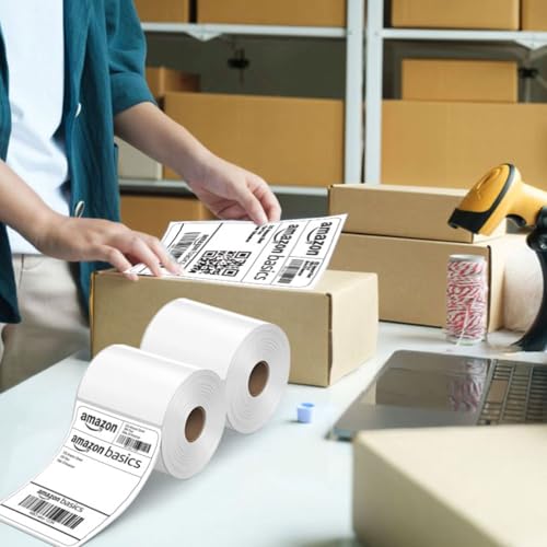 Image of Amazon Basics 70gsm Thermal Label Printer Paper - 4 inch x 6 inch (100 x 150 mm)| Ideal for Shipping, Parcel, Barcode, and Address Labels - 400 Labels per Roll (Pack of 2)