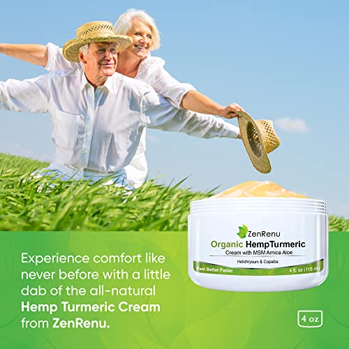 Zenrenu Organic Hemp Turmeric Joints & Muscle Cream with Arnica, MSM, Hemp Oil Extract, & 7 Essential Oils - Non Greasy & Fast Absorbing for Back, Neck, Elbows, Knees, & Hip 4 oz