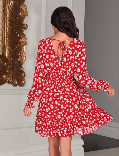 Image of Prettywear Wedding Guest Dresses for Women 2024 Spring Summer Fall Floral Chiffon Wrap Neck Flowy Mini Long Sleeve Dress, Medium