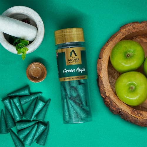 Image of The Aroma Factory Incense Dhoop Cone for Pooja, Green Apple (100% Herbal & 0% Charcoal) 1 Bottle x 30 Cones