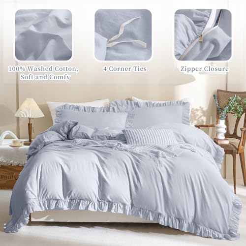 Image of QSH Ruffle Duvet Cover Queen Size Washed Cotton,3pc Linen Feel Farmhouse Shabby Vintage Ruffled Bedding Set French Country Rustic Cornflower Blue Comforter Cover Aesthetic Soft Quilt Cover Set