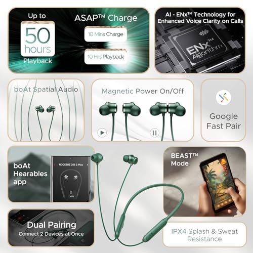 Image of Boat Rockerz 255 Z Plus,AI-Enx Tech,Spatial Audio,50HRS Battery,Low Latency Mode,Fast Charge,App Support,IPX4,GFPS,BT V5.3,Bluetooth Neckband,Wireless with Mic in Ear Earphones (Pine Green)