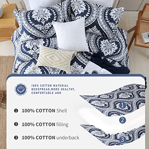 Finlonte Damask Quilt King Size, Cotton Quilt Navy White Bohemian King Quilt, Lightweight Soft King Quilted Bedspread For All Season, 3 Pieces #TOP5