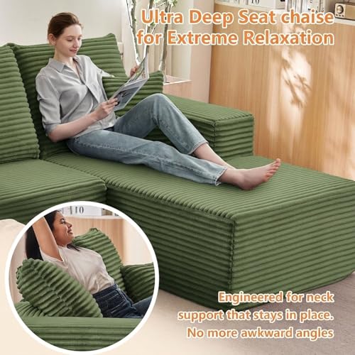 Image of Sectional Couches for Living Room Cloud Couch Sofa with L-Shape Couch in a Box Upholstered Boneless Couchs Modern Modular Sectional Couch with Chaise (Green,B-3 Seater-Right-Facing Chaise-96 inch)
