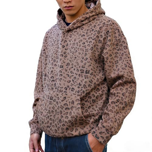 VOLYMOON Y2K Leopard Print Hoodies Oversized Cheetah Sweatshirts Vintage Casual Long Sleeve Pullover With Pockets Coffee