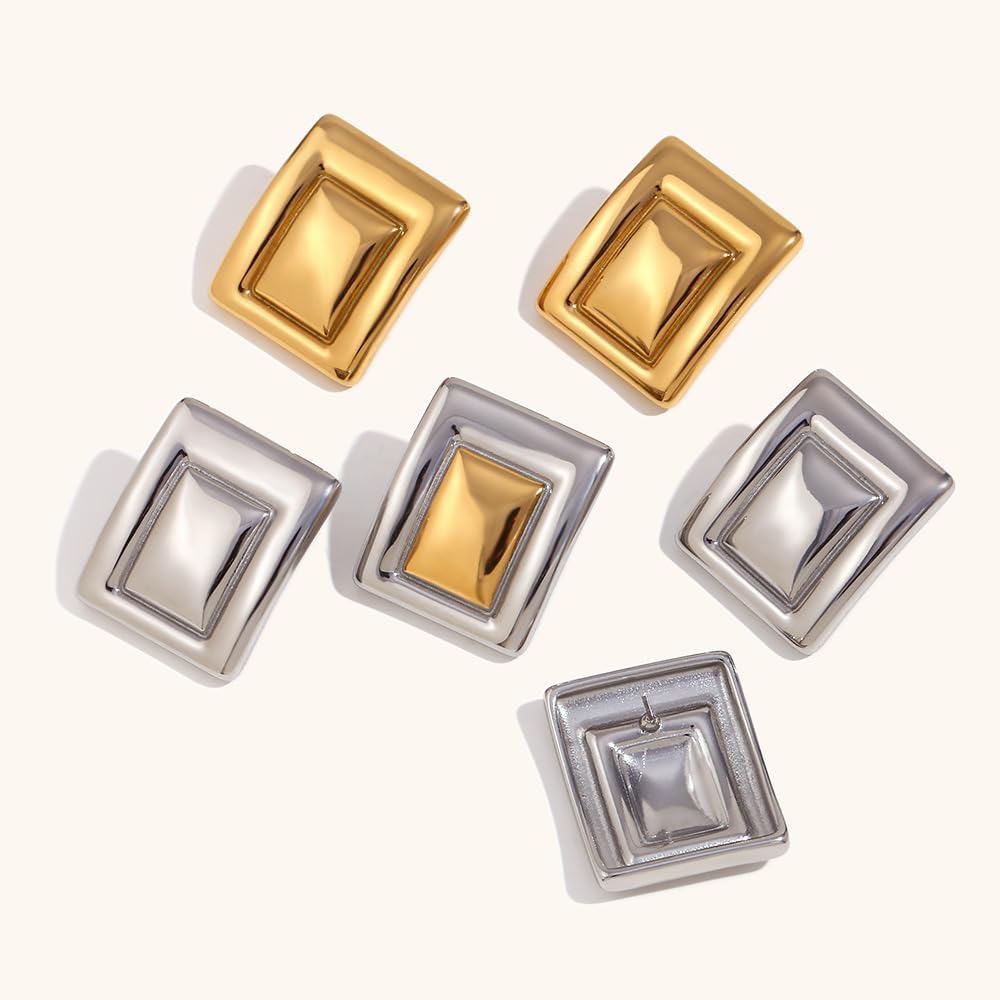 Kokoma Geometric Chunky Earrings for Women Large Square Boho Statement Stud Earrings Thick Dome Earrings Minimalist Ear Jewelry Gifts - Image 6