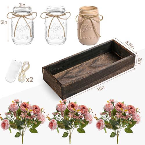 DUOER 3 Pcs Mason Jar Centerpiece Table Decorations for Dining Table Decor Farmhouse Coffee Table Decor with Wood Tray and Led Light Table Centerpieces for Dining Room Kitchen Living Bathroom,Pink