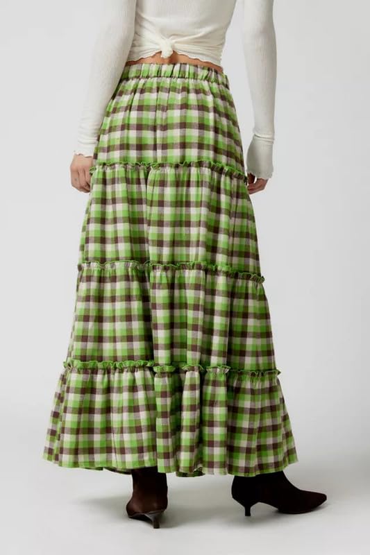 Y2K Women Plaid Tiered Maxi Skirt Elastic High Waist Gingham A Line Long Skirt Flowy Swing Vintage Midi Skirts3