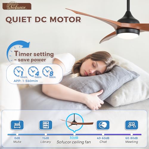 Image of Sofucor 52 Inch Smart Modern Ceiling Fan with Light, Brown 3 ABS Blades | Alexa /Google Assistant /APP /Remote Control, Reversible DC Motor, Timer, 6 Speeds 3CCT for Living Room Bedroom Patio Farmhouse