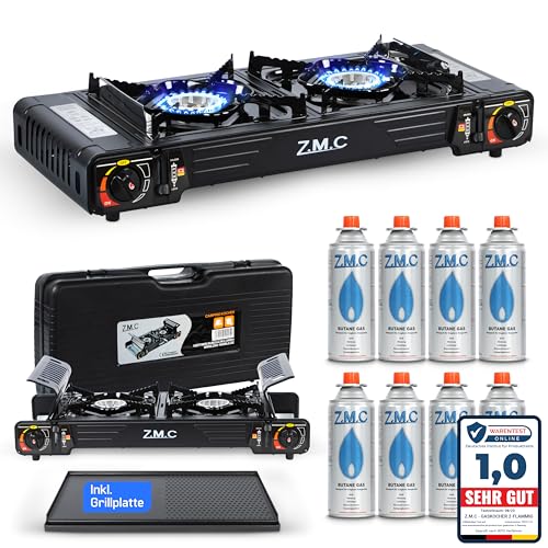 Z.M.C PREMIUM Camping Gaskocher 2-flammig + Grillplatte + 8 Gaskartuschen 227g, Campingkocher mit Transportkoffer für Outdoor und Innenraum, Balkon Tisch Doppelgaskocher mit Piezozündung