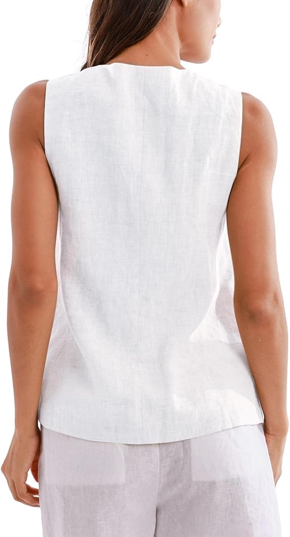 Amazhiyu Gilet da donna in puro lino, top estivo senza maniche con bottoni, scollo a V, in lino