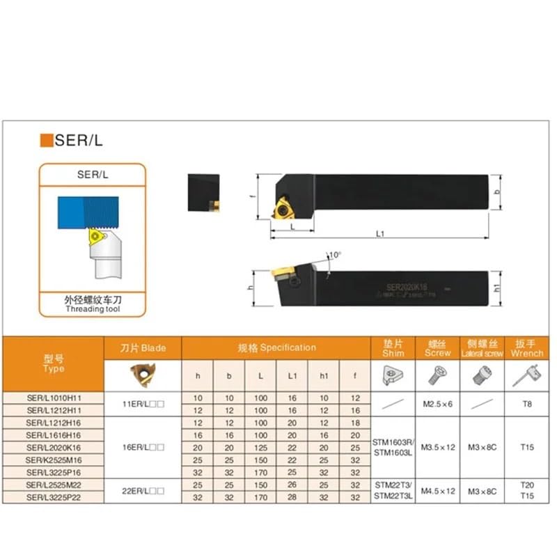 1pc SER1616H16 SER2020K16 Lathe Inserts Holder External Thread Turning Tool Holder Boring Bar CNC SER Indexable Inserts Holder(SEL1616H16)