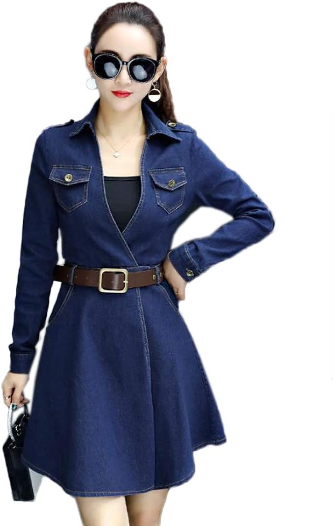 Amazon Co Jp Yuanyuan 春秋物 長袖ワンピース ワンピース プラスサイズ デブmm デニムワンピース 秋の 韓国風 気質 スリムフィット ミドル丈ワンピース エラスティック Vネックスカート トレンディ 服 ファッション小物
