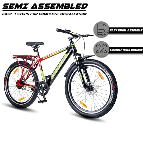 Image of Vaux Stallion-Pro 26T Cycle for Men with Integrated Carrier IBC| 17 inch Steel Frame| Dual-Tone Colors| Dual Disc Brakes| 26 X 2.4 Nylon Tyres| 80mm Front Suspension| Double Wall Alloy Rims(Red-Black)