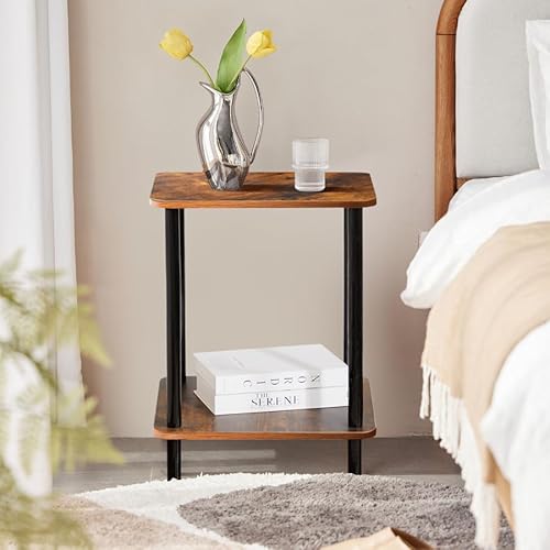 QUICK HORSE 2-Tier Side Table with Natural Wood Legs, Small Coffee Table, Nightstand for Bedroom, Living Room, Small Spaces (Rustic, 15.7" x 15.7" x 21.3")
