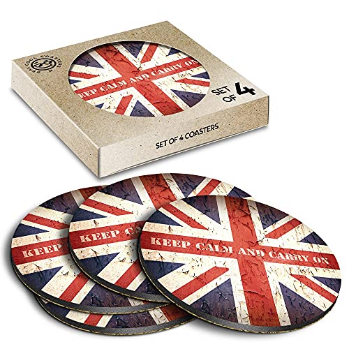 4 x Eco Boxed Cork Coasters - Keep Calm Carry On Britain Drink Cup Mug Glass Table Mat #14515