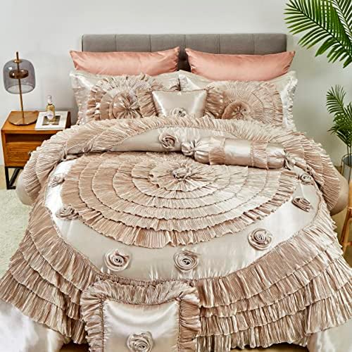 Tache Home Fashion cinnnamon 6 Piece Floral Ruffled Victorian Comforter Set, Queen, Cinnamon Chai