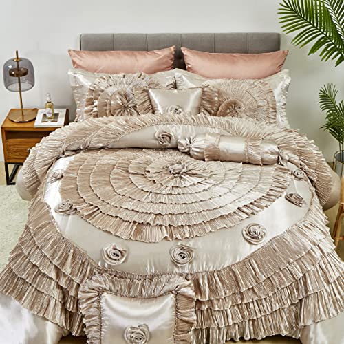 Tache Home Fashion Cinnnamon 6 Piece Floral Ruffled Victorian Comforter Set, Queen, Cinnamon Chai #TOP2