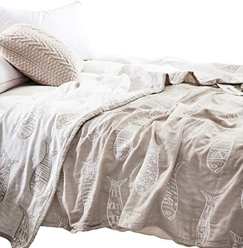 MEJUFish Gray Morden Muslin Lightweight Summer Blanket for Bed Sofa Couch 100% Combed Cotton 3 Layer Soft Warm Bedspread Throw Blanket Bed Coverlet Sheet Twin 60 in X 80 in