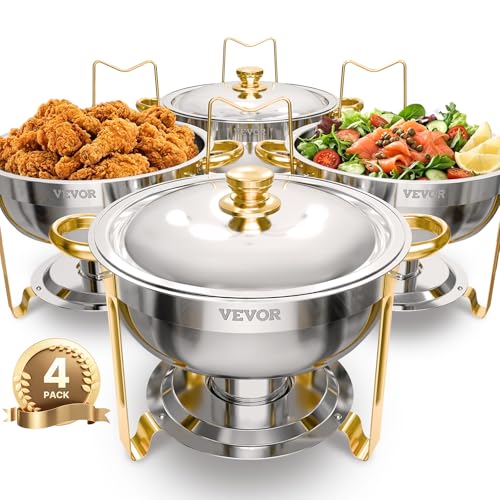 VEVOR Chauffe-Plat 4PCs 4,6 L, Buffet Chauffant Rond, Réchaud en Acier Inoxydable, avec 4 Bacs...