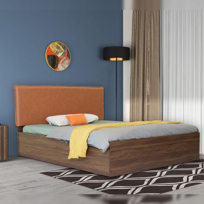 Image of Amazon Brand - Solimo Bed | 1 Year Warranty | Double Bed, Queen Size, Namah Premium Upholstery, Comfortable Seating Height Bed, Non-Woven Base & 3mm MDF, Walnut Colour (Melamine Finish)