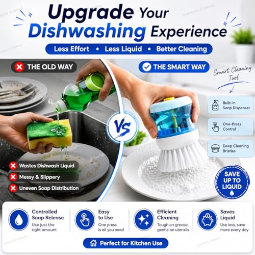 Image of Sink Cleaning Brush with Built-in Liquid Soap Dispenser | Kitchen Sink Brush for Dish Washing, Basin, Washbasin & Bathroom Tiles Cleaning | Multi-Purpose Scrub Brush for Kitchen & Home
