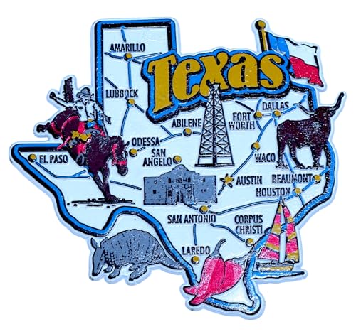 World By Shotglass Texas State Map and Landmarks Collage Fridge Collectible Souvenir Magnet FMC