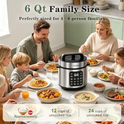 Image of CARORI 6 Qt Electric Pressure Cooker, 9-in-1 Multi-Cooker with IMD Touchscreen, 24H Delay Start, Nonstick Ceramic Pot, Rice Cooker, Slow Cooker, Steamer, Saute, Silver