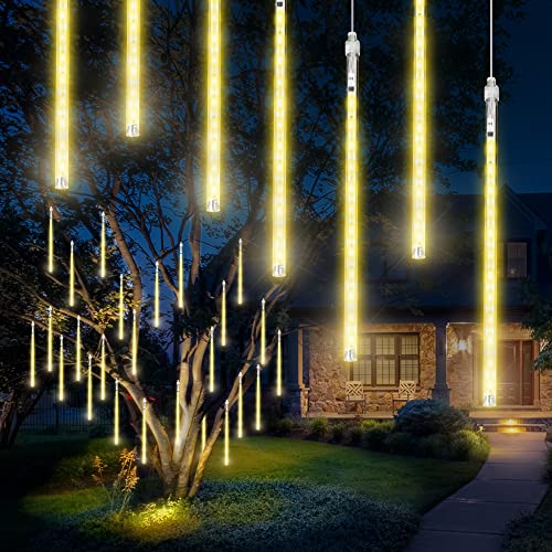 Meteorschauer Lichter, 30cm, 8 Röhren, Fallende Regenlichter, 192 LEDs, Mehrere Anschließbare Lichterketten, Wasserdichte Regentropfenlichter für Weihnachtsgarten, Baum, Heimdekoration (Warmweiß) Cover