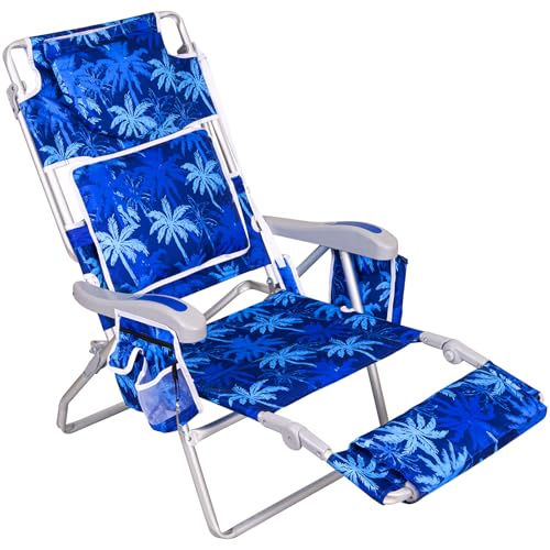 Romswi 3 in 1 Beach Chair with Face Hole Reclining Sun Tanning Lounge Chair with Foot Rest Cooler Bag & Cup Holder for Outdoor Royal Blue with Palm Tree Print