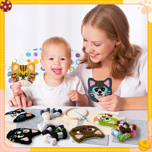 Image of WATINC Craft Punch Needle Coaster Kit, 22Pcs Easy Art Work Decor Craft Supply for Beginners, DIY Set of 6 Kitten Head Pattern Tufted Rug Pads with Adhesive Felt Yarns Embroidery Hoop Tools Instruction