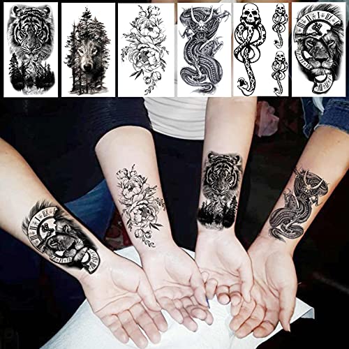 Shegazzi 52 Sheets Black Skull Temporary Tattoos For Men Women Arm Neck Tatoos, 3D Realistic Small Rose Flowers Fake Tattoos Temporary, Waterproof Mountain Snake Lion Tiger Temp Tattoo Sticker Adults #TOP1