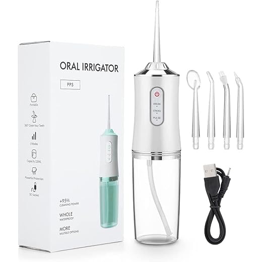 Bucales Portatil, Irrigador Dental Portatil Viaje con 4 Boquillas 3 Modos,USB, 220ml Recargable Irrigador limpiador Dientes Agua Presion, IPX7 Impermeable